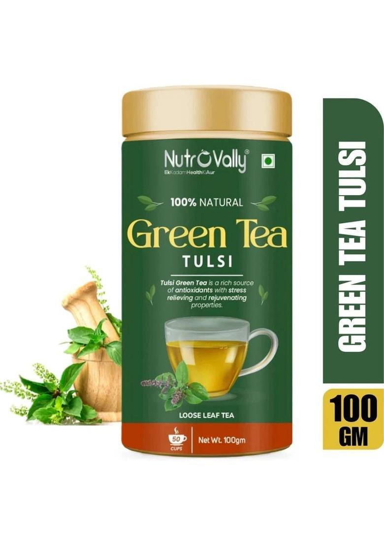 Nutrovally Green Tea With Tulsi For Weight Loss Loaded With Anti-Oxidants & 100% Natural Tulsi Green Tea Tin (100 G)