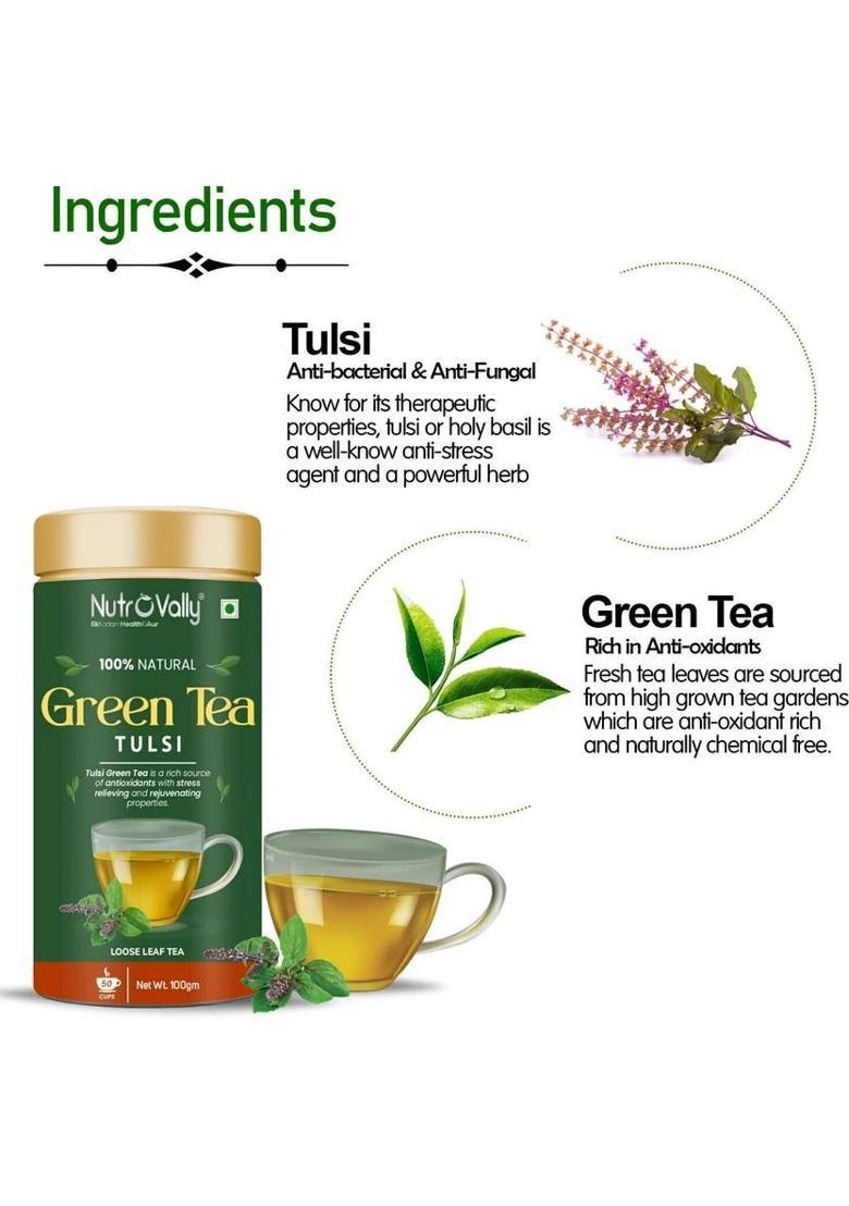 Nutrovally Green Tea With Tulsi For Weight Loss Loaded With Anti-Oxidants & 100% Natural Tulsi Green Tea Tin (100 G)