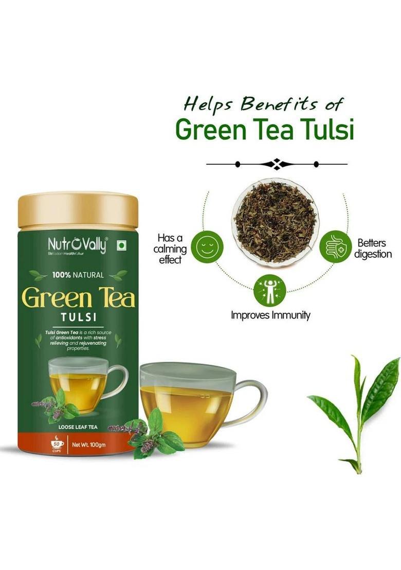 Nutrovally Green Tea With Tulsi For Weight Loss Loaded With Anti-Oxidants & 100% Natural Tulsi Green Tea Tin (100 G)