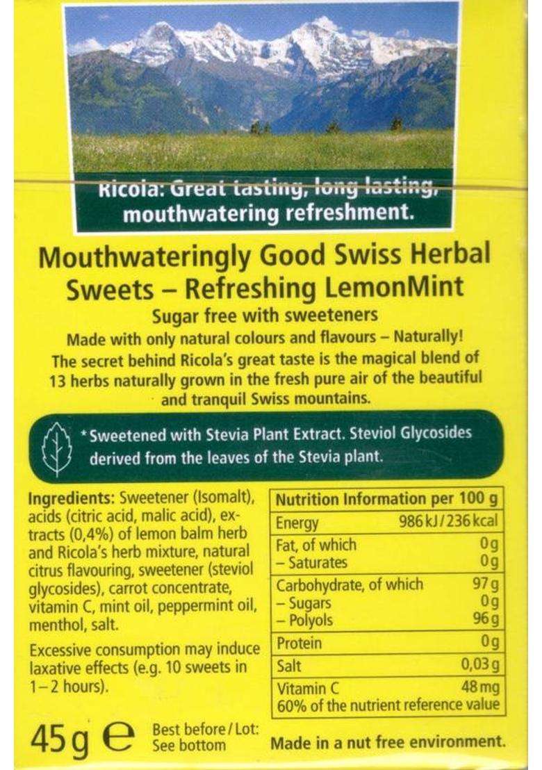 Ricola Sugar Free Lemon Mint (Imported) 45G, (Pack Of 2),90G Candy (2 X 45 G) - Indya