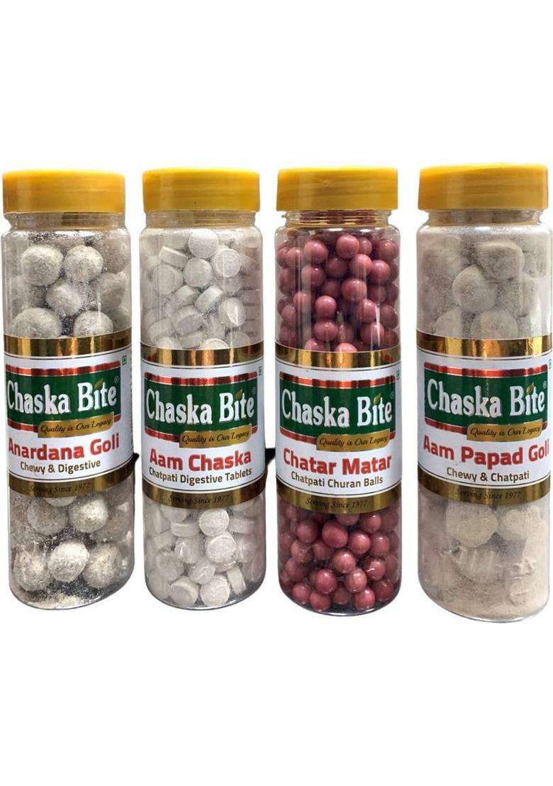 Chaska Bite Aam 130G Chatar Matar Anardana Goli Papad Digestive Candies & Mouth Freshners 520G Pack Of 4 Flavor, Flavor Candy (4 X 1 Pieces) - Indya