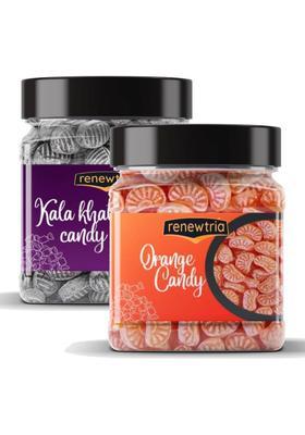 Renewtria Sweet Juicy Orange And Kala Khatta Flavour Candy Combo (2X400G) Jar Pack ,Kala (2 X 400 G)