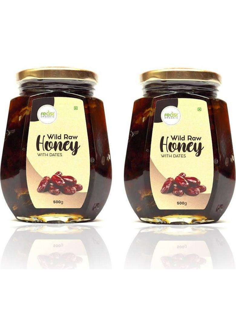 Feast Organic Wild Raw Forest Honey With Dates Dry Fruit, 100% Pure & Natural Combo Pack 1 Kg (2 X 500 G) - Indya