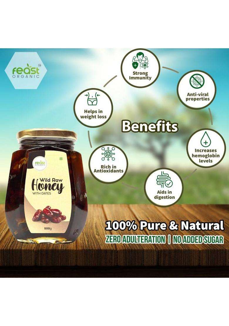 Feast Organic Wild Raw Forest Honey With Dates Dry Fruit, 100% Pure & Natural Combo Pack 1 Kg (2 X 500 G) - Indya