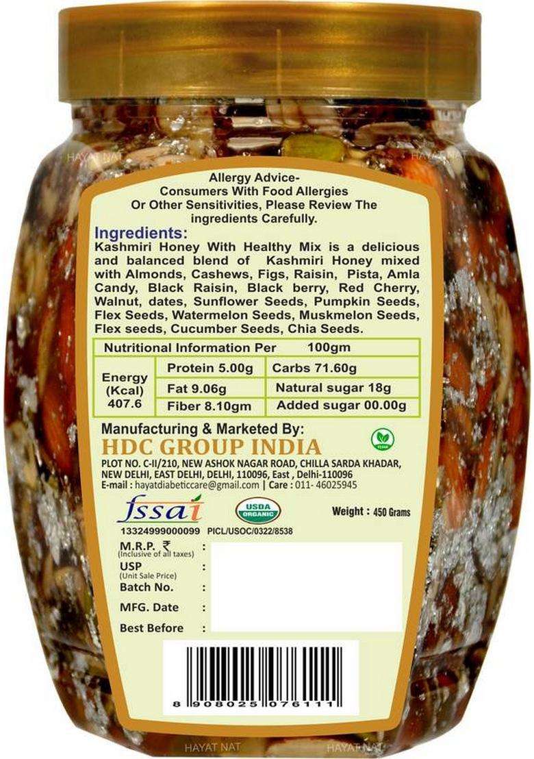 Hayat Nature Organic & Pure Kashmiri Honey With Roasted And Crunchy Dryfruits Nuts 100% Immunity Energy Booster (450 G) - Indya
