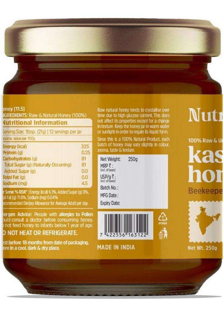 Nutricrate 100% Organic Kashmir Honey Raw, Unprocessed Honey, No Sugar Or Adulteration (250 G) - Indya
