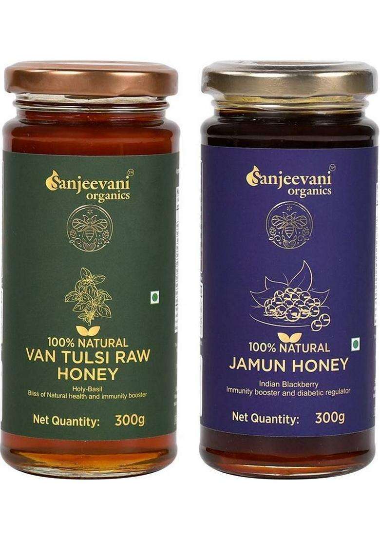 Sanjeevani Organics Van Tulsi Raw +Jamun Honey- Natural | Unpasteurized Pure & Authentic (2 X 300 G) - Indya