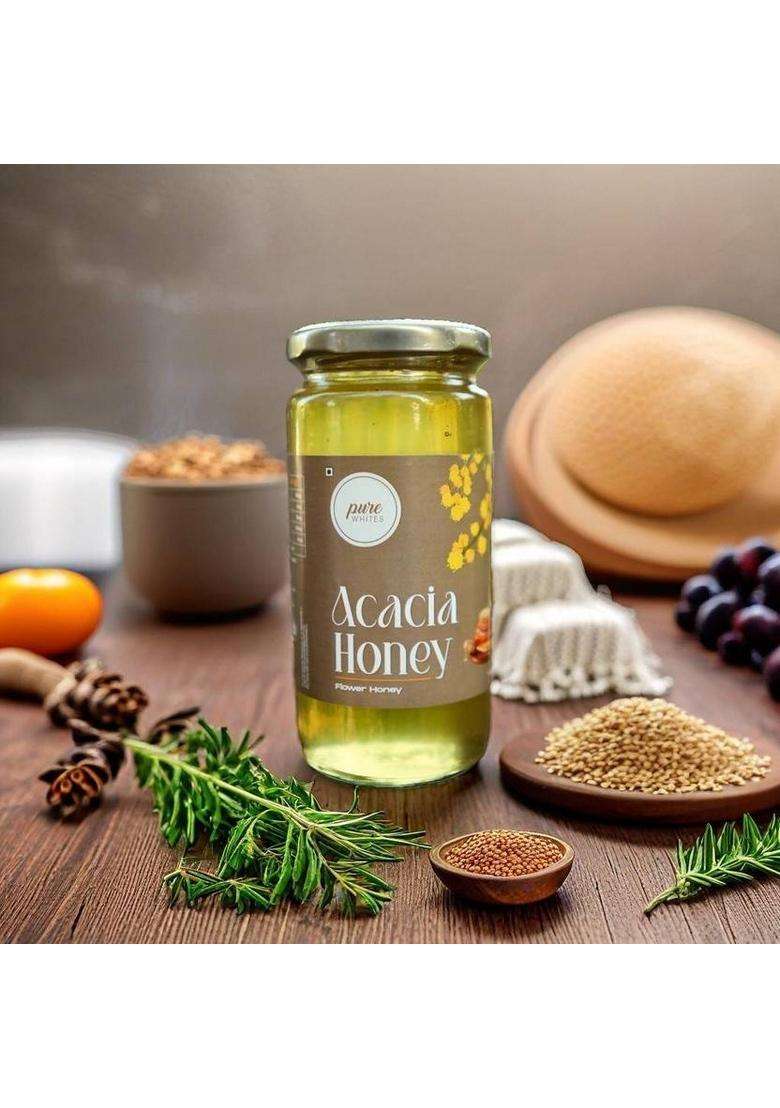 Pure Whites Acacia Forest Flower Honey From Kashmir, Raw Natural Unprocessed Unfiltered (500 G) - Indya