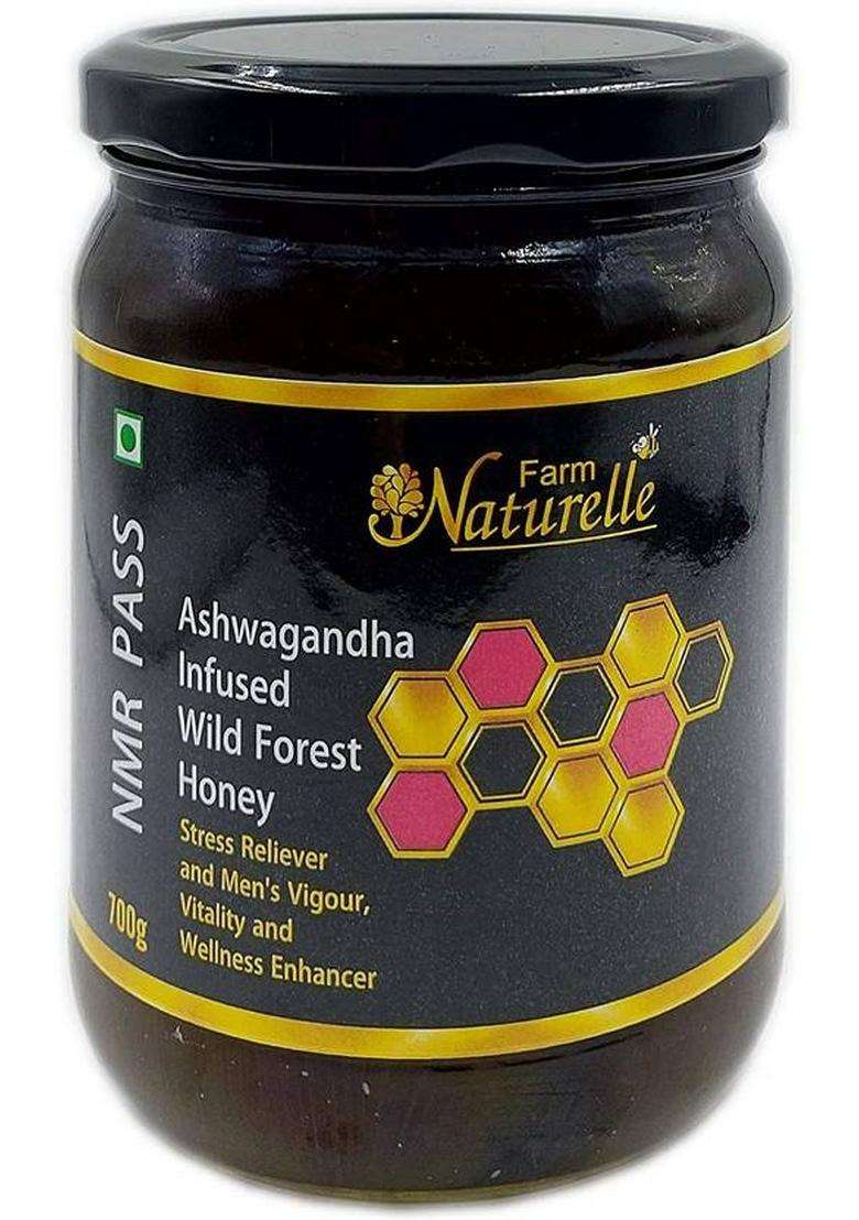 Farm Naturelle Virgin Raw 100% Natural Nmr Tested , Pass Certified Ashwagandha Infused In Forest Honey- Delicious And Men S Vigor, Vitality & Wellness Enhancer (700 Gram) Glass Bottle. G) - Indya