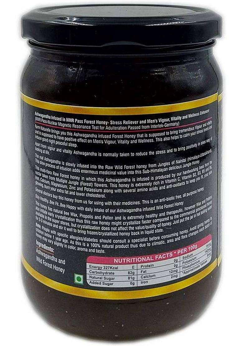 Farm Naturelle Virgin Raw 100% Natural Nmr Tested , Pass Certified Ashwagandha Infused In Forest Honey- Delicious And Men S Vigor, Vitality & Wellness Enhancer (700 Gram) Glass Bottle. G) - Indya