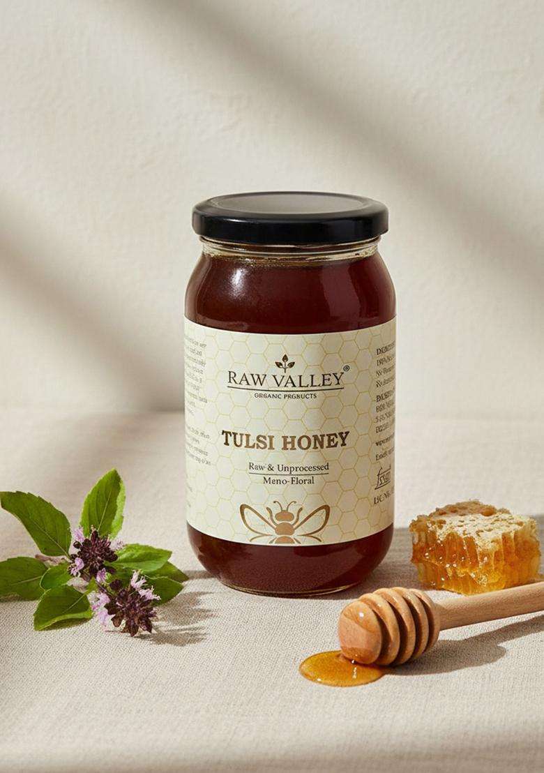 Raw Valley Tulsi Honey Organic Unprocessed Unfiltered Unpasteurized Nmr Tested Pure (500 G) - Indya