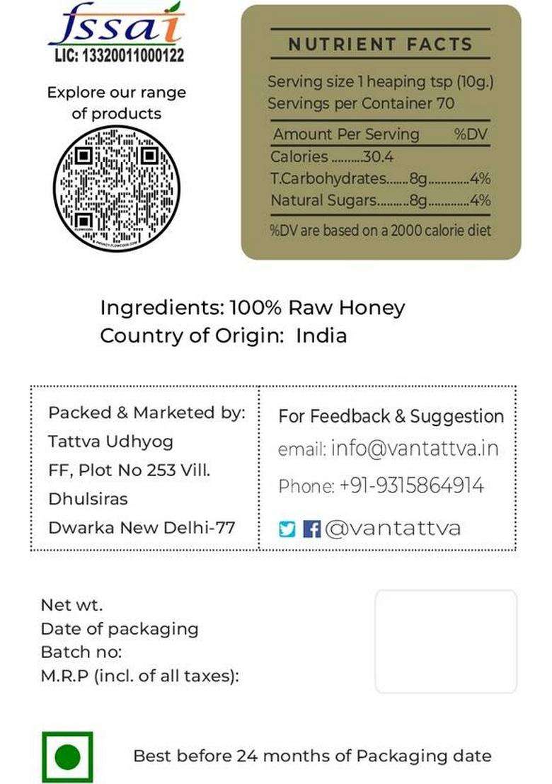 Vantattva Unprocessed Organic Raw Honey-Wild Sidr Berry (750 G) - Indya