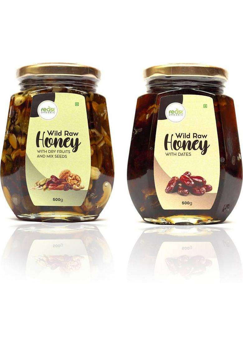 Feast Organic Wild Raw Honey With Dry Fruits - Mix Seeds & Dates Combo | Pure Natural (2 X 500 G) - Indya