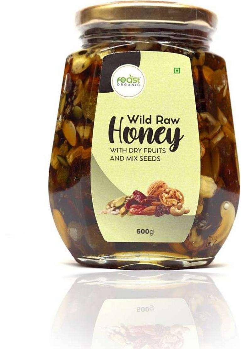 Feast Organic Wild Raw Honey With Dry Fruits - Mix Seeds & Dates Combo | Pure Natural (2 X 500 G) - Indya