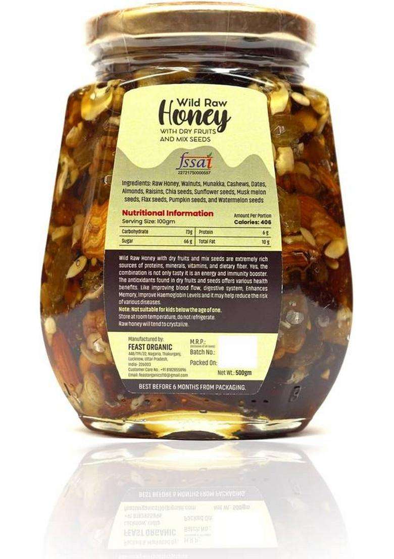 Feast Organic Wild Raw Honey With Dry Fruits - Mix Seeds & Dates Combo | Pure Natural (2 X 500 G) - Indya