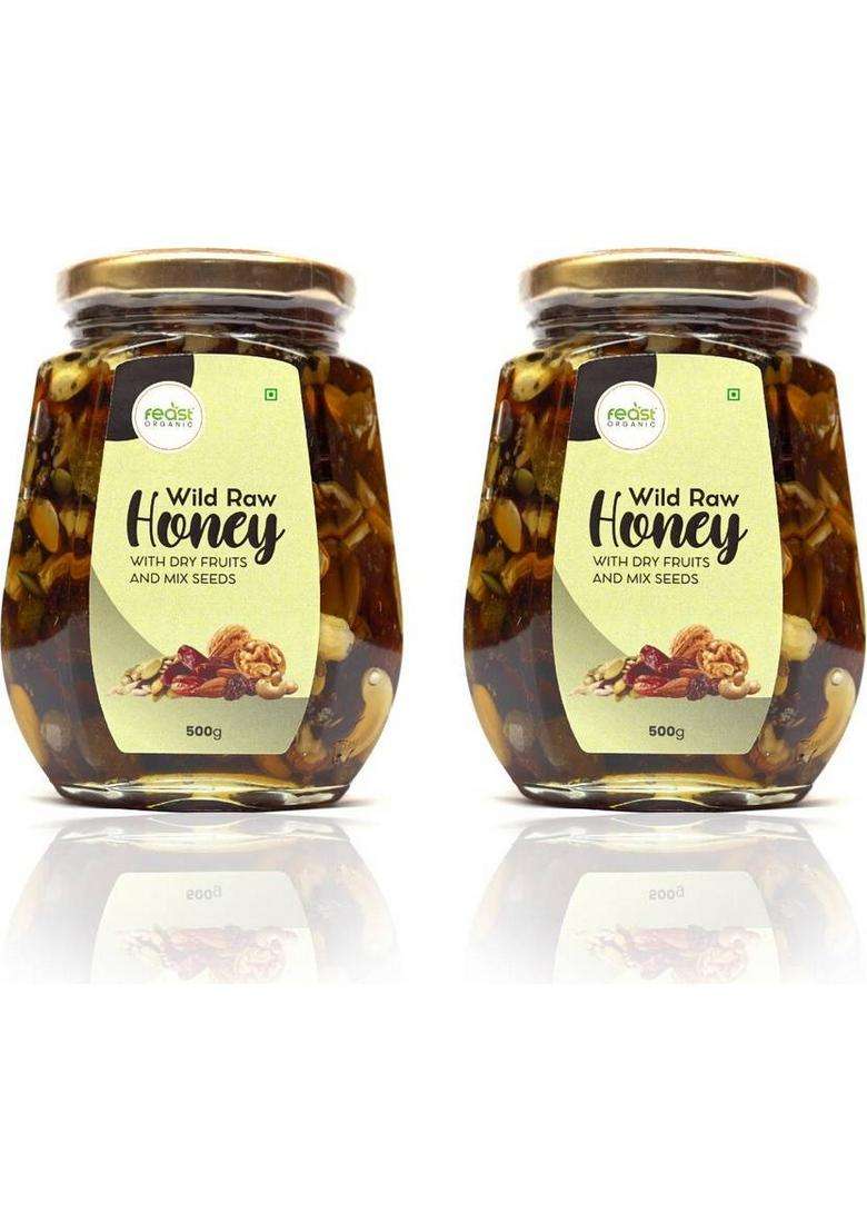 Feast Organic Wild Forest Honey With Dry Fruits & Mix Seeds | 100% Pure Natural Combo 1 Kg (2 X 500 G) - Indya