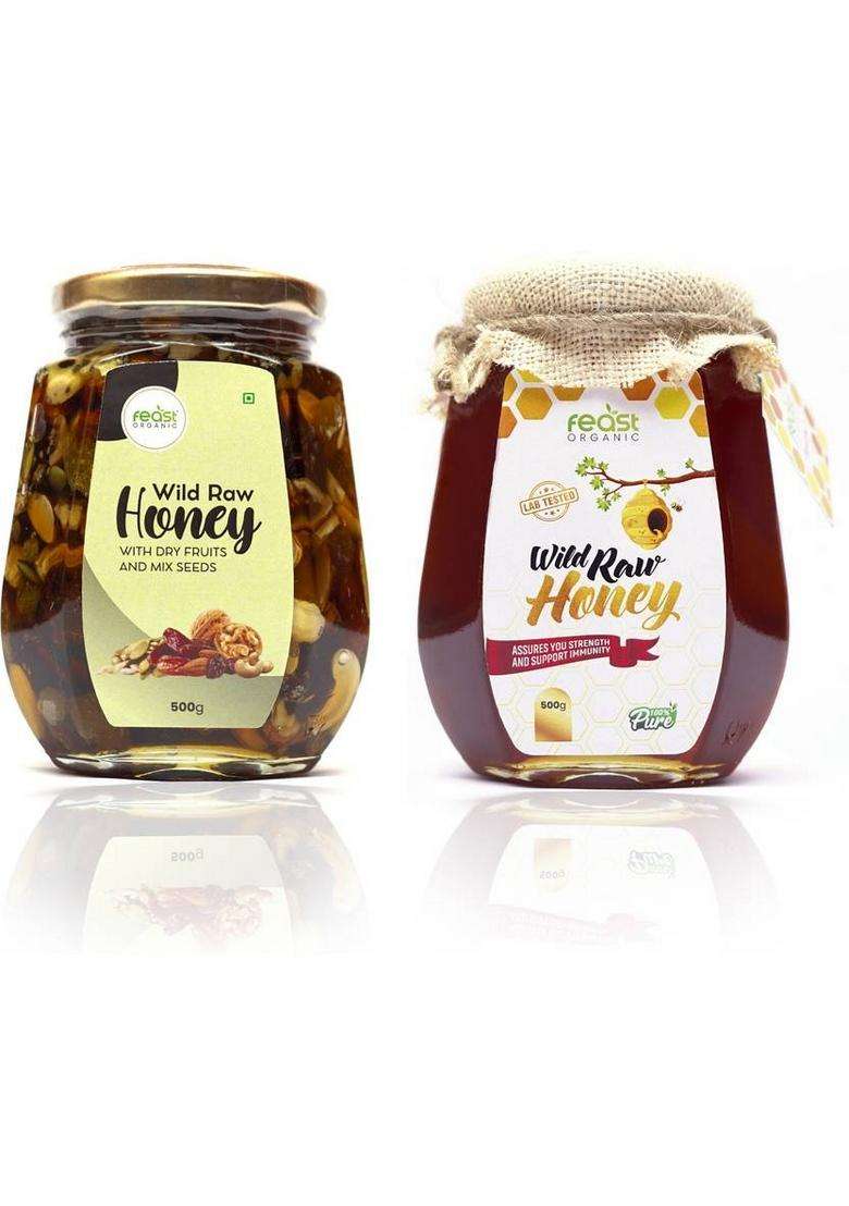 Feast Organic Wild Honey With Dry Fruits & Mix Seeds And Pure Raw Forest Combo Pack (2 X 500 G) - Indya