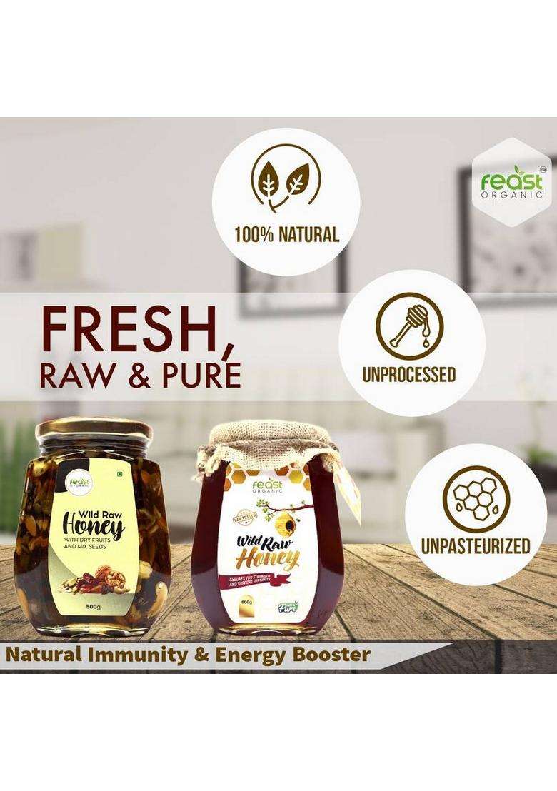 Feast Organic Wild Honey With Dry Fruits & Mix Seeds And Pure Raw Forest Combo Pack (2 X 500 G) - Indya
