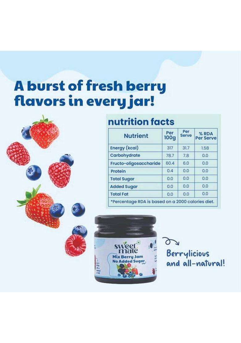 Sweetmate Sugar Free Mix Berry Jam 100% Pure And Natural | With Real Fruits Stevia - (220 G) - Indya