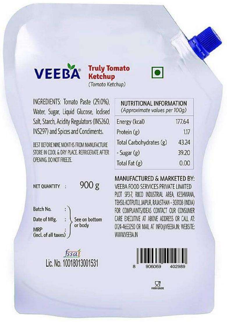 Veeba Truly Tomato Ketchup Sauce (900 G) - Indya