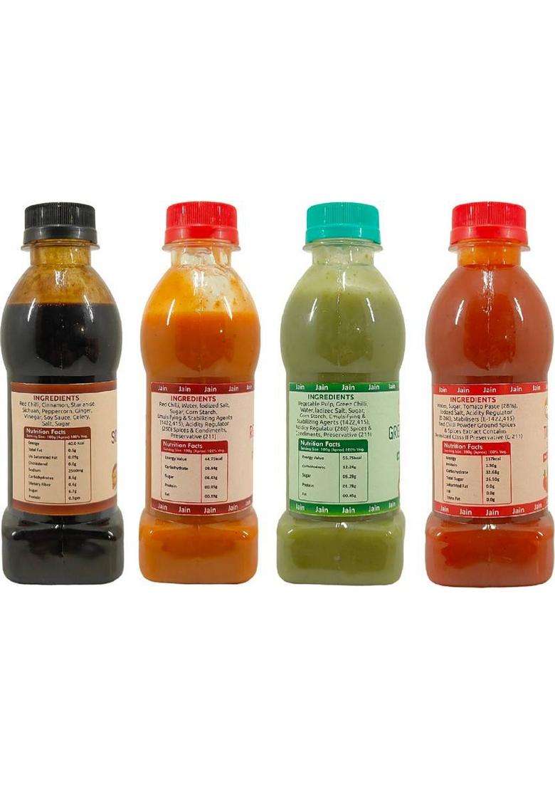 Fruvanta Jain Combo Without Onion/Garlic Soya,Green Chilli,Red Chilli,Tomato(200G X 4) Sauces & Ketchup (4 200 G) - Indya