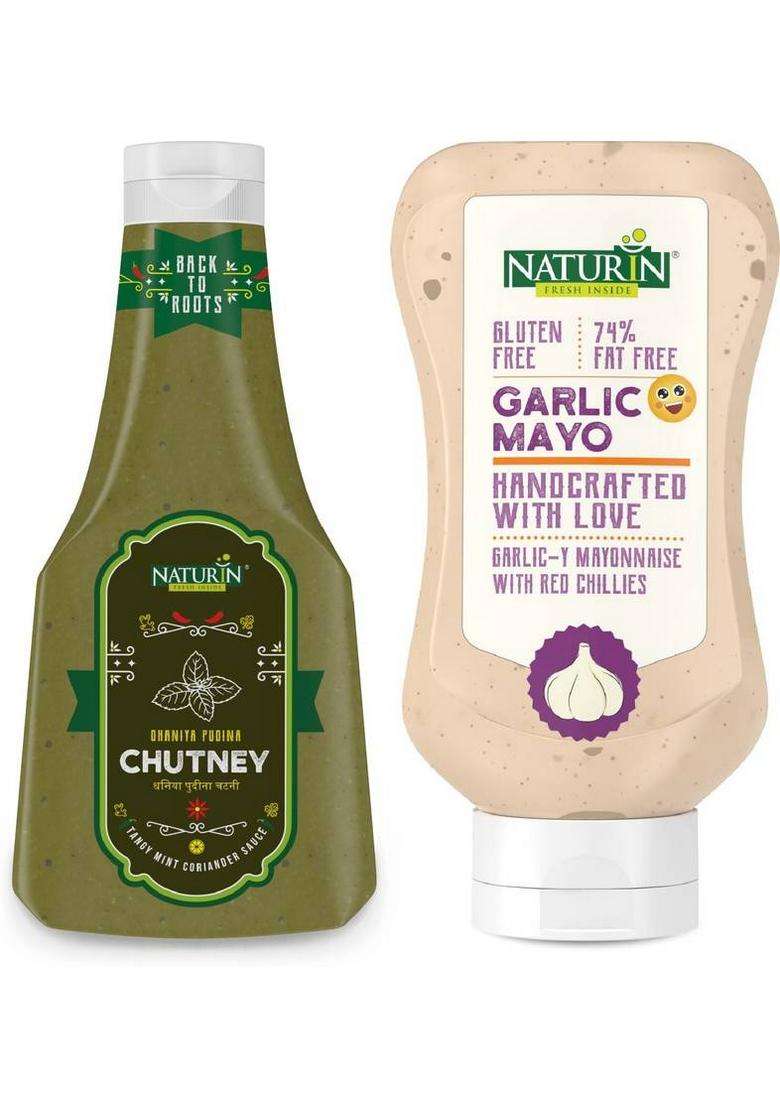 Naturin Combo Pack Of 2- Dhaniya Pudina Chutney 370G And Garlic Mayo 290G Sauce & Dip (2 X 330 G) - Indya