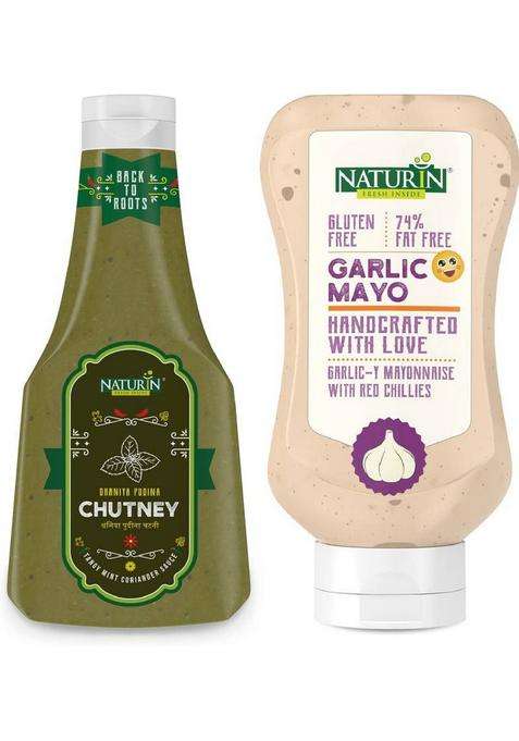 Naturin Combo Pack Of 2- Dhaniya Pudina Chutney 370G And Garlic Mayo 290G Sauce & Dip (2 X 330 G)