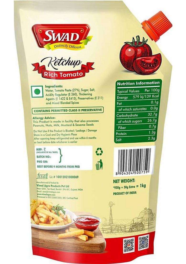 Swad Tomato Ketchup | Made From Farm Fresh Tomatoes Sauces & (1 Kg) - Indya