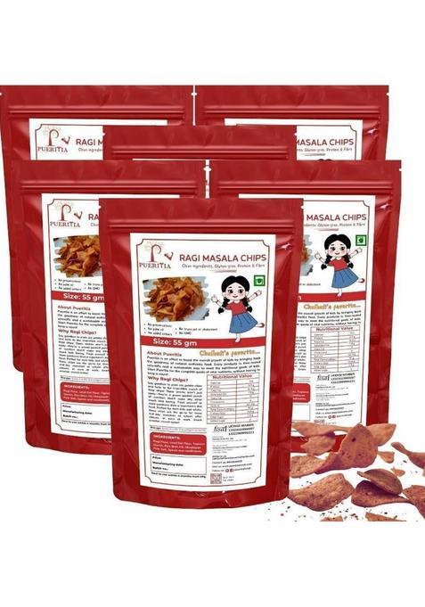 Pueritia Ragi Masala Chips Gluten-Free, Vegan, No Preservatives, Palm Oil (6 X 55 G)