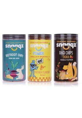 Snaaqz Beetroot Chips Cream & Onion+Power Millet Puff+Ragi Masala (3 X 140 G)