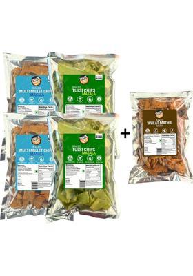 Snack First Baked Millet & Tulsi Chips, Pack Of 4+1 Free Mathri, No Palm Oil, Gluten Chips (5 X 100 G)