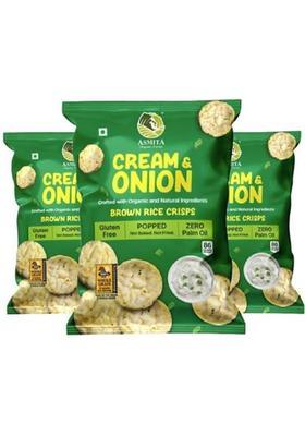 Asmita Organic Farms Cream & Onion Brown Rice Popped Crisps, Not Baked Fried, Low Fat Chips (3 X 55 G)