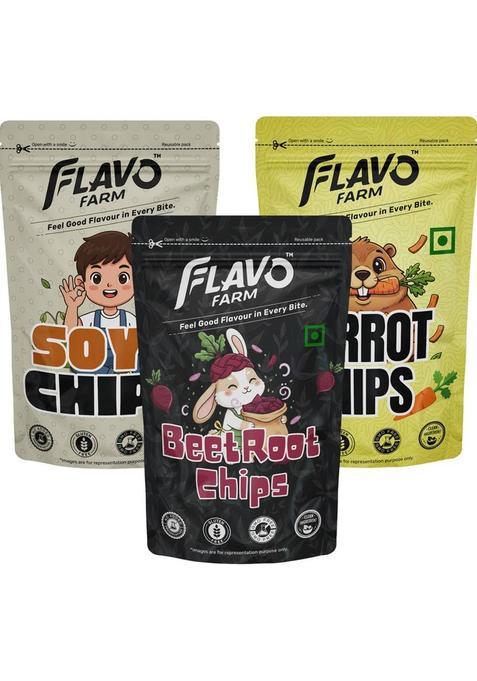 Flavofarm Beetroot, Carrot & Soya Chips Combo Crunchy Veg Snacks Low Calorie Diet Friendly (3 X 60 G)