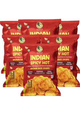 Asmita Organic Farms Indian Spicy Hot Brown Rice Popped Crisps, Not Baked Fried, Low Fat Chips (6 X 55 G)