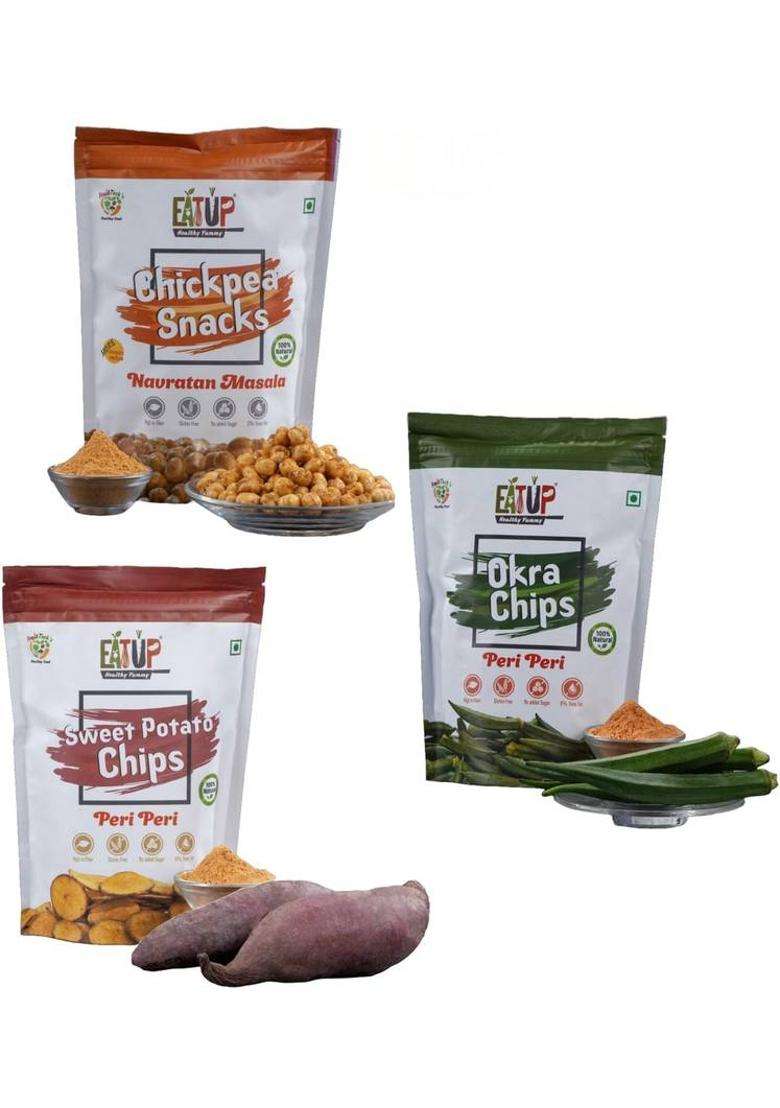 Eatup Healthy Vegetable Chips Combo|Chickpea Snacks|Okra|Sweet Potato Chips|Pack Of-3 (3 X 66.67 G) - Indya