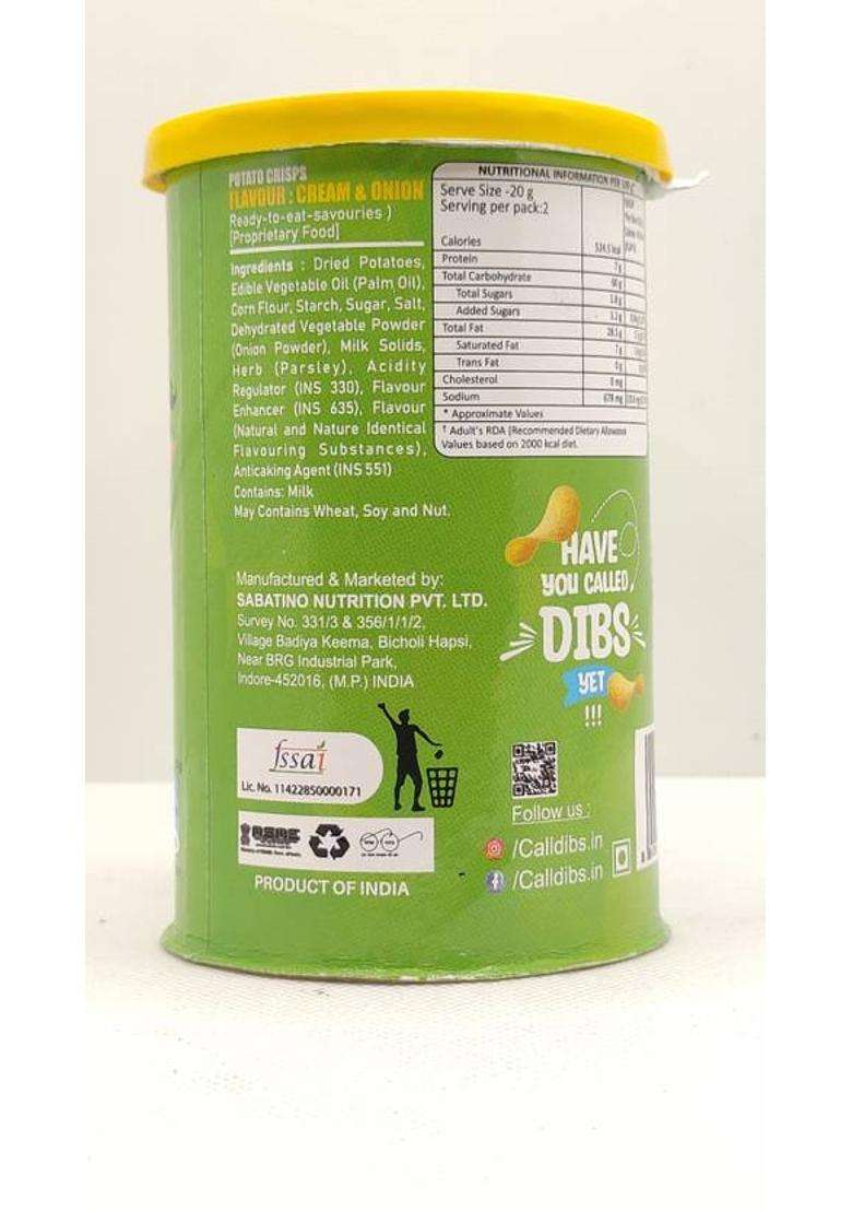 Dibs Potato Crisps On The Go Adventure Cream N Onion Chips (Pack Of 6) (6 X 45 G) - Indya