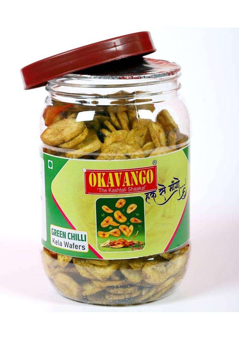 Okavango " The Kashtila Shaakal Banana Chips Authentic Green Chilli Flavour. (300 G) - Indya