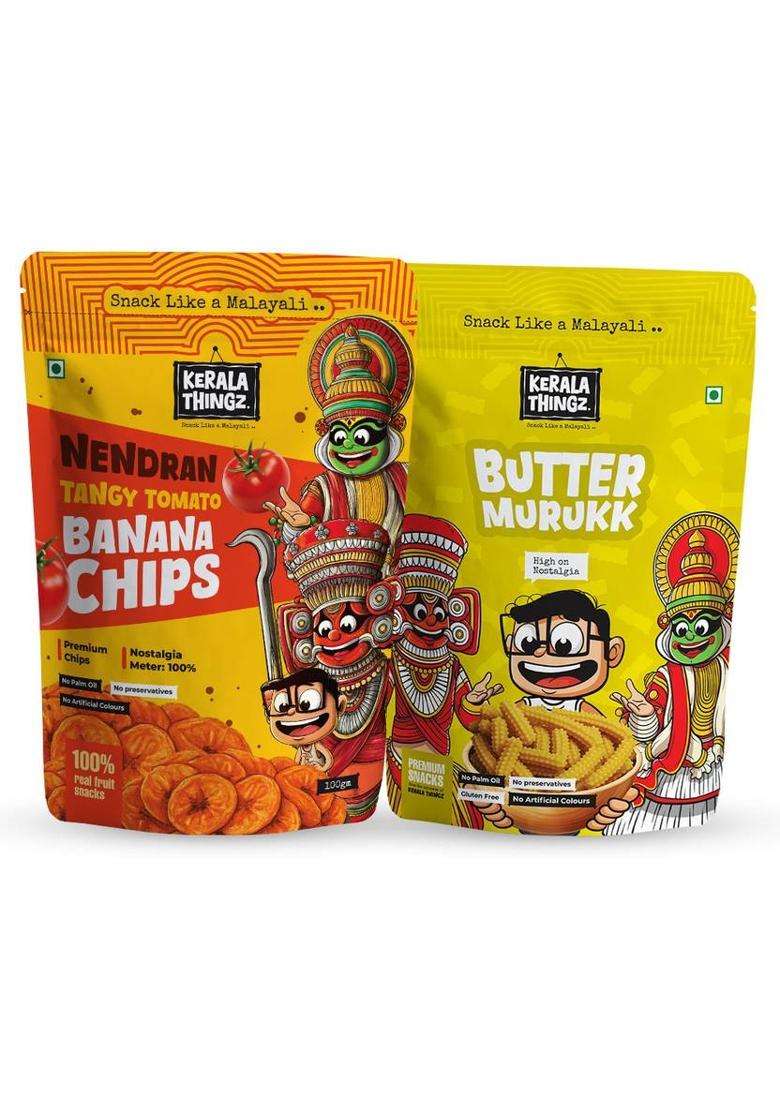 Kerala Thingz Tangy Tomato Nendran Banana Chips 100G + Butter Murukk 150G (2 X 75 G) - Indya