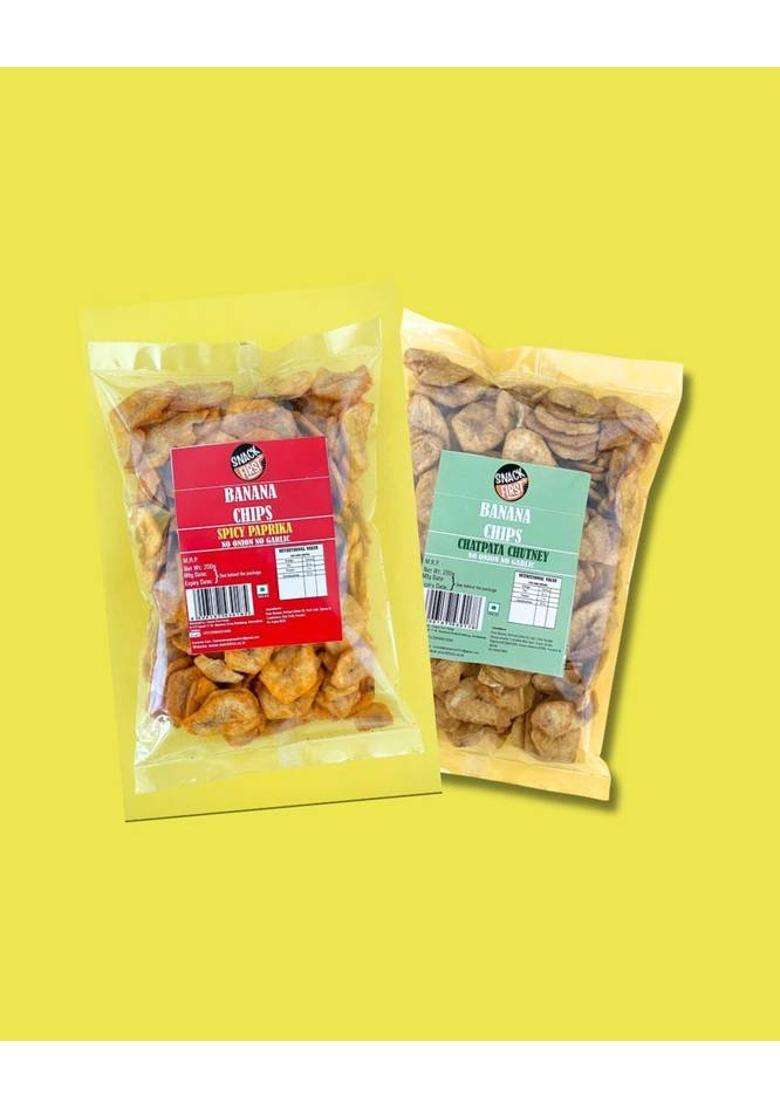 Snack First Banana Chips Crispy Snack, Combo Of 2, Chatpata Chutney & Spicy Paprika Flavor (2 X 200 G) - Indya