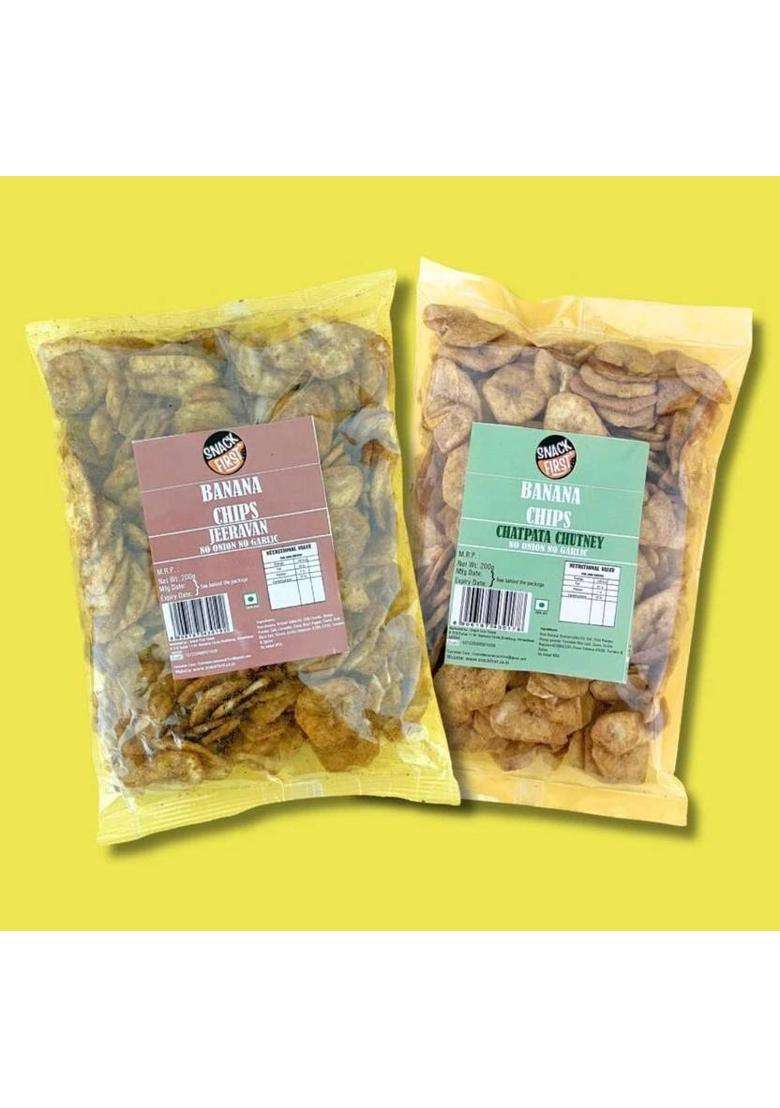 Snack First Raw Banana Chips Crispy Snack, Combo Of 2, Chatpata Chutney & Jeeravan Flavor (2 X 200 G) - Indya