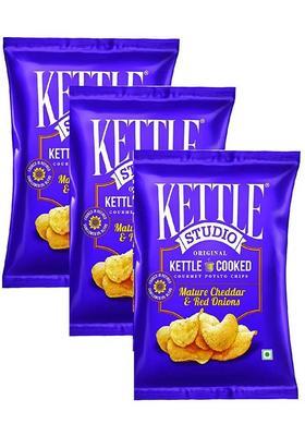Kettle Studio Potato Chips | Mature Cheddar And Red Onions - 125Gm (Pack Of 3) (3 X 125 G)