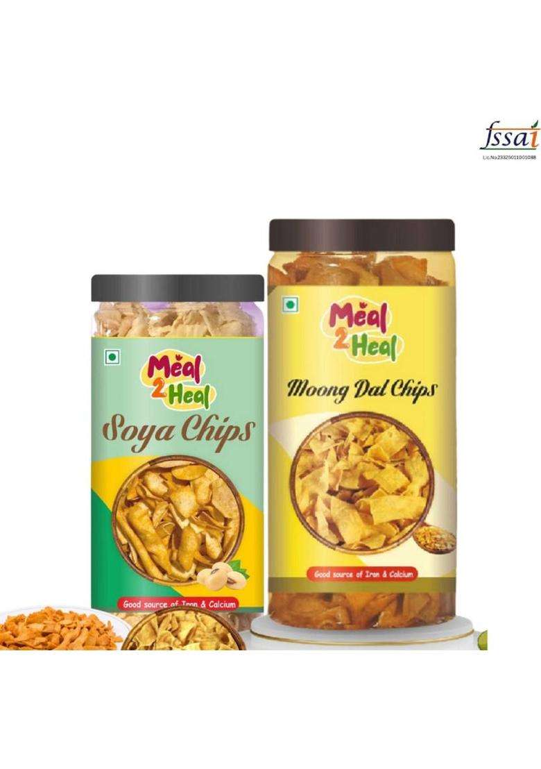 Meal2Heal Moong Daal & Soya Chips Combo | Crunchy Baked Protein Rich Snack (2 X 150 G) - Indya