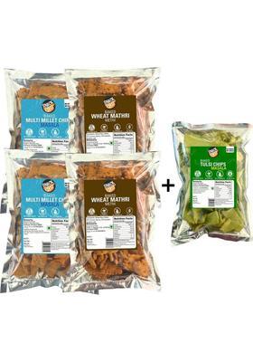 Snack First Baked Millet Chips(2) & Mathri(2), Pack Of 4+1 Free Tulsi, No Palm Oil Chips (5 X 100 G)