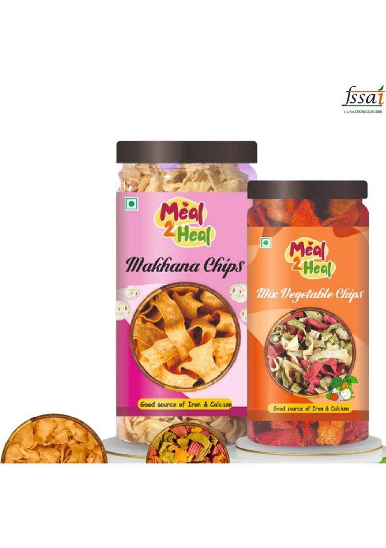 Meal2Heal Makhana & Mix Veg Chips Combo | Healthy Crunchy Baked Protein Rich Snack (2 X 150 G) - Indya