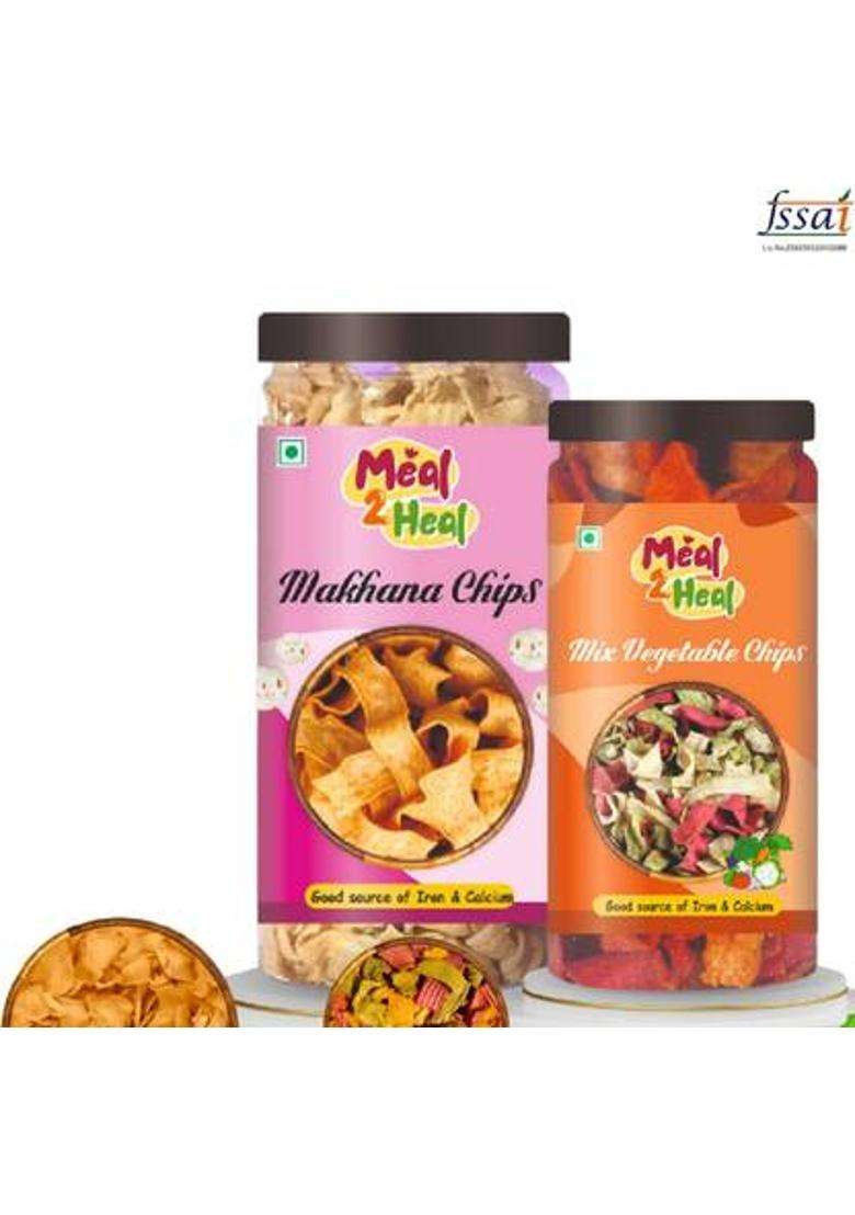 Meal2Heal Makhana & Mix Veg Chips Combo | Healthy Crunchy Baked Protein Rich Snack (2 X 150 G) - Indya