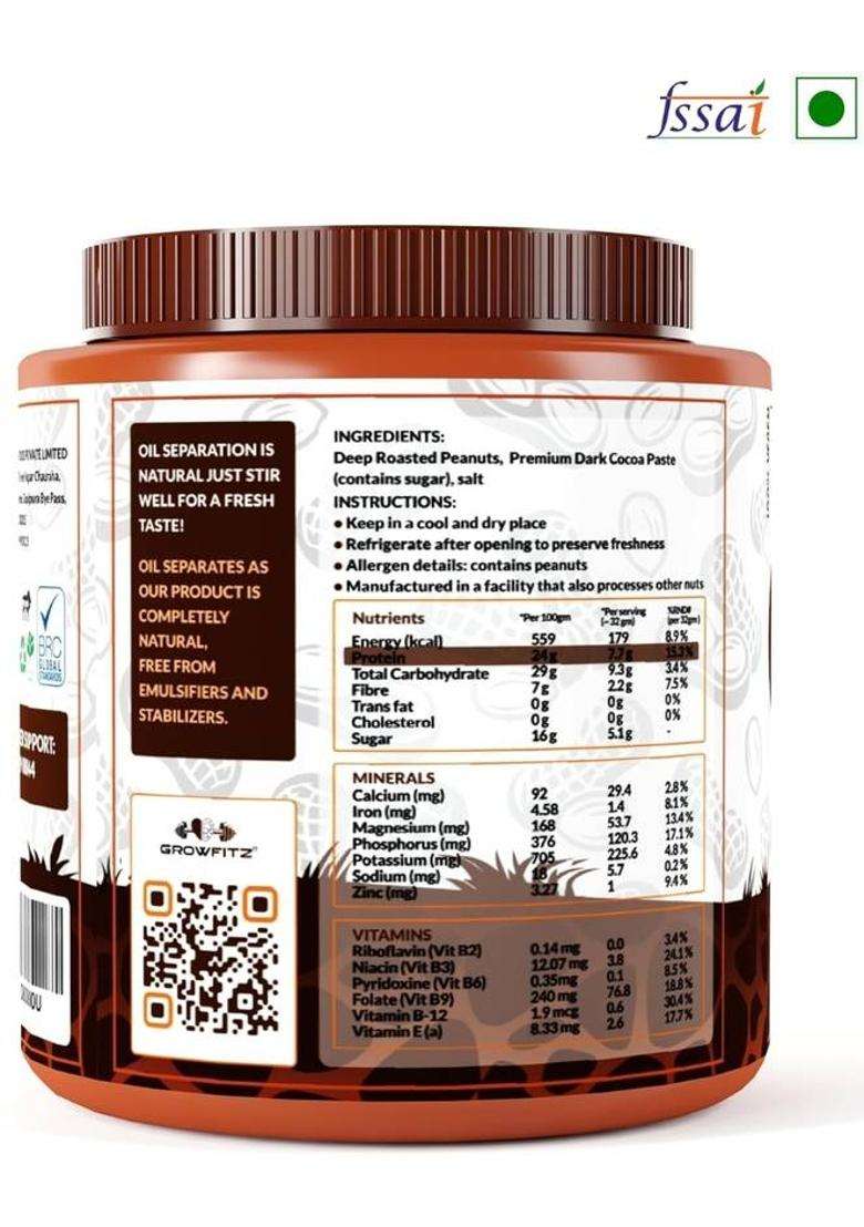 Growfitz Crunchy Peanut Butter Dark Chocolate | 24G Protein Rich In Fibre (800 G) - Indya