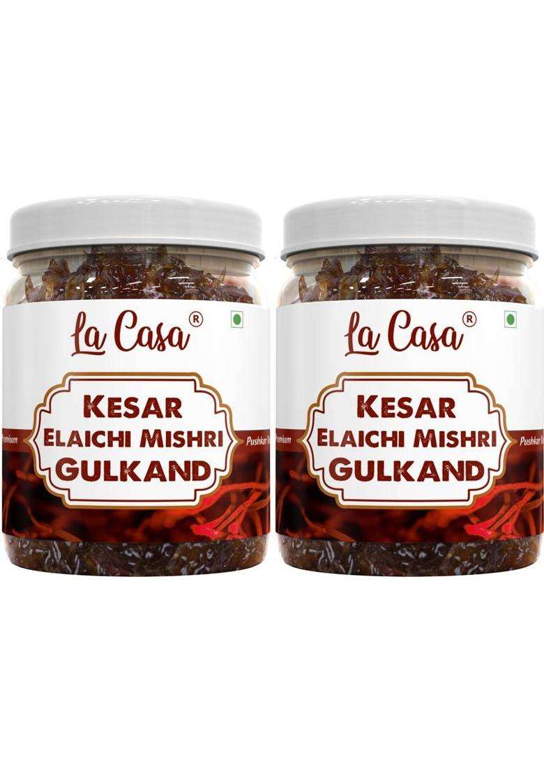 La Casa Pushkar Gulkand With Mishri, Elaichi & Kesar | Combo Pack Of 2 Homemade Organic (800 G, 2) - Indya