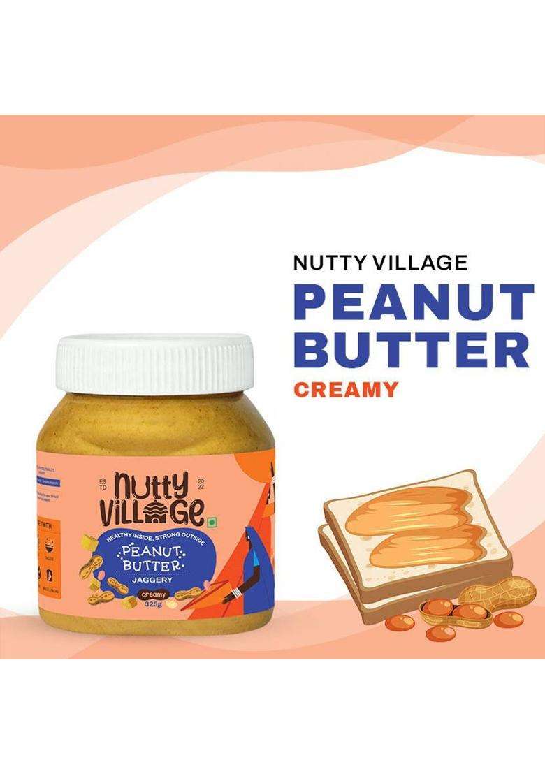 Nutty Village Creamy Jaggery Peanut Butter| No Added Sugar, Gluten Free, Preservatives (325 G, Pack Of 2) - Indya
