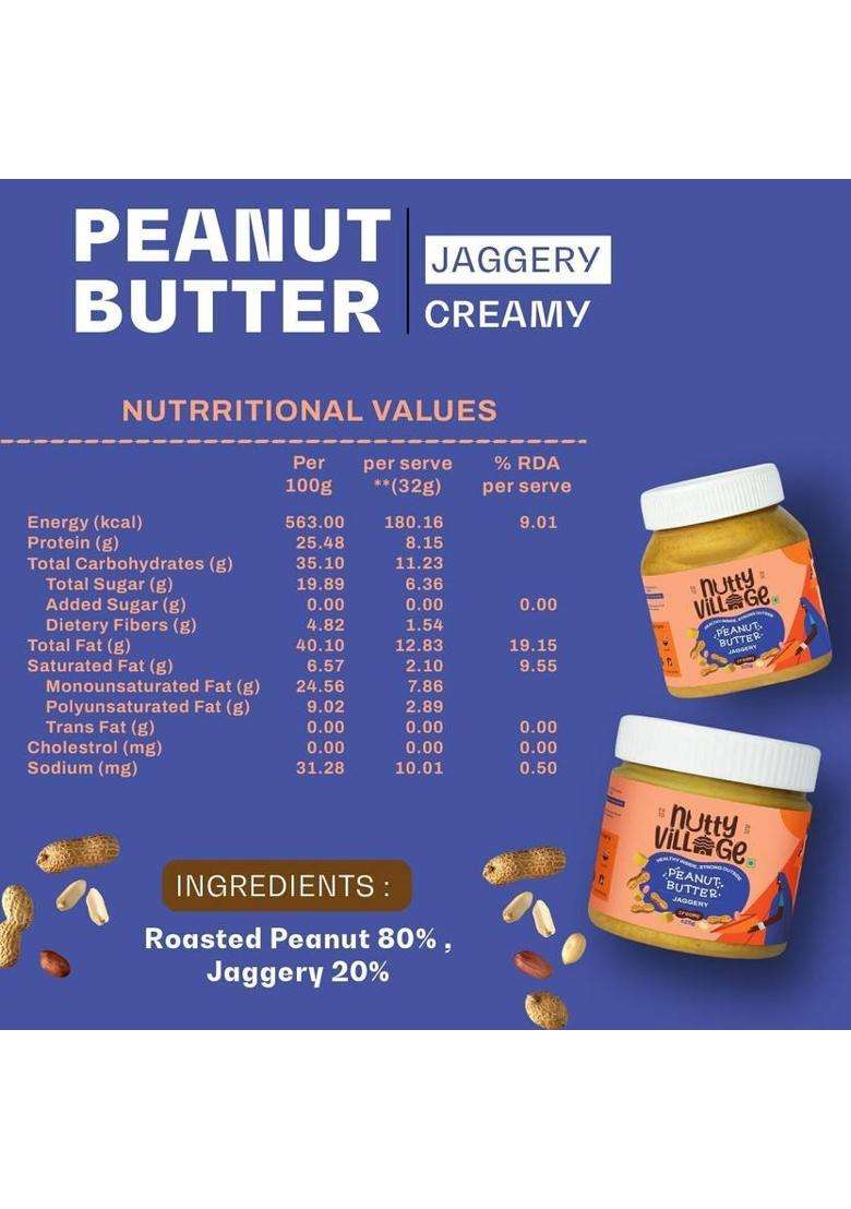 Nutty Village Creamy Jaggery Peanut Butter| No Added Sugar, Gluten Free, Preservatives (325 G, Pack Of 2) - Indya