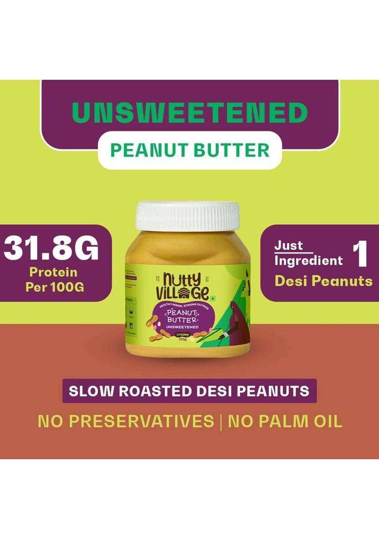 Nutty Village Creamy Unsweetened Peanut Butter| No Added Sugar, Gluten Free, Preservatives (325 G) - Indya